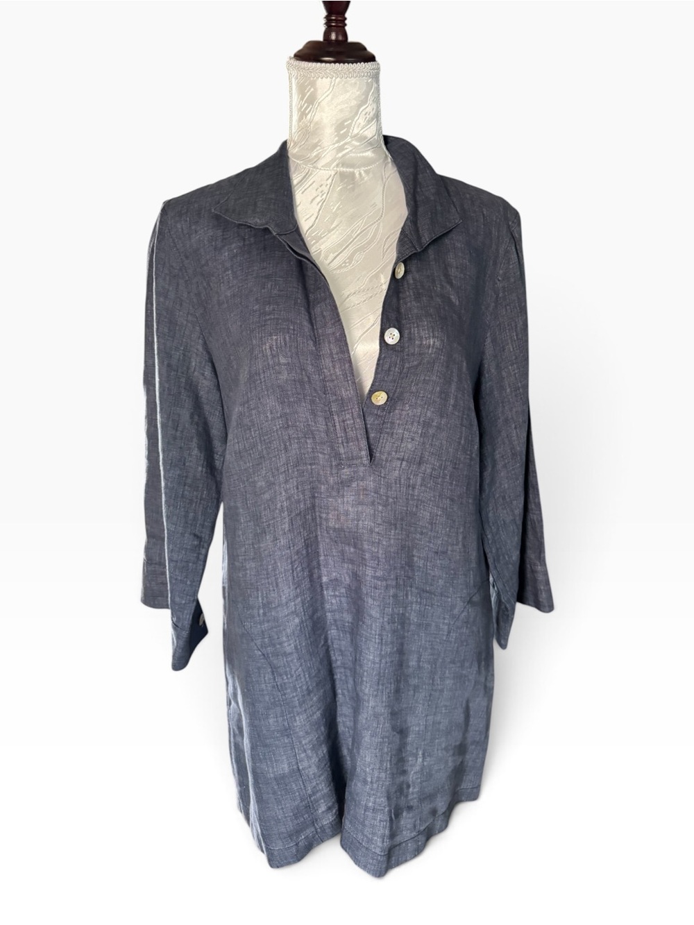 Paperwhite 100% Linen 3/4 Sleeve Tunic Dress in blue / gray